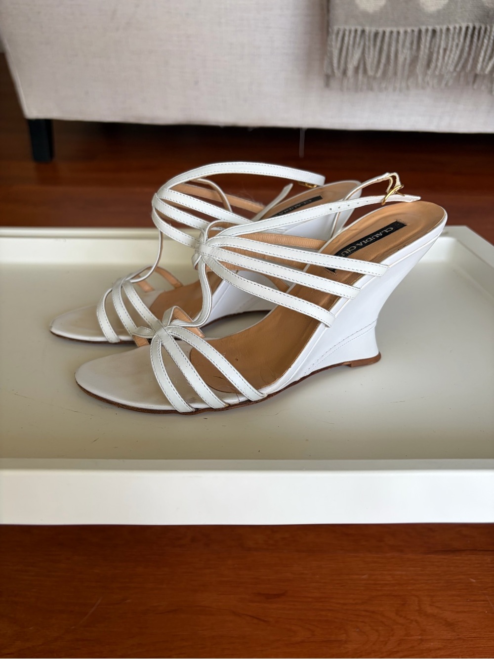 Strappy White Wedge Sandals with Slingback